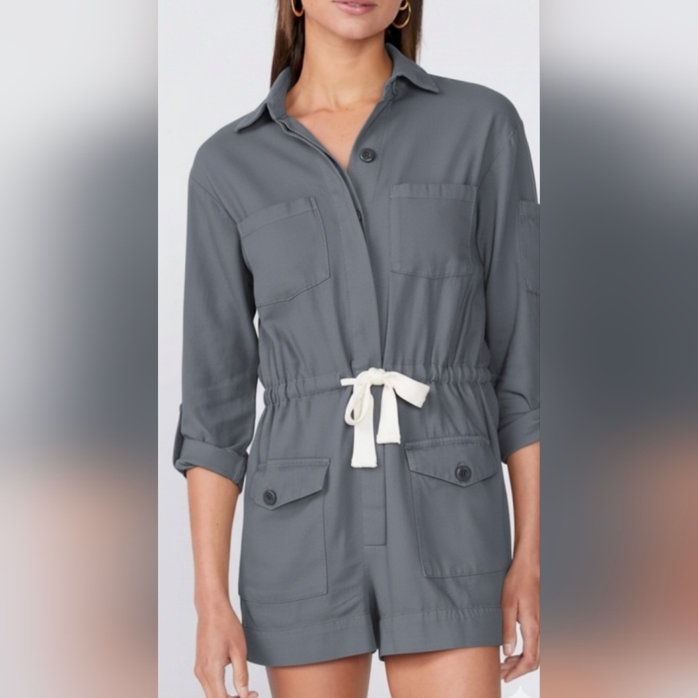 Monrow twill pocket dress shacket blue steel size small NWT